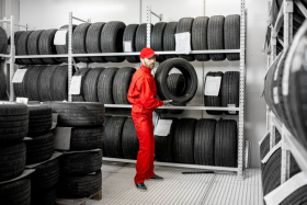 Man taking a tire from automotive shelving